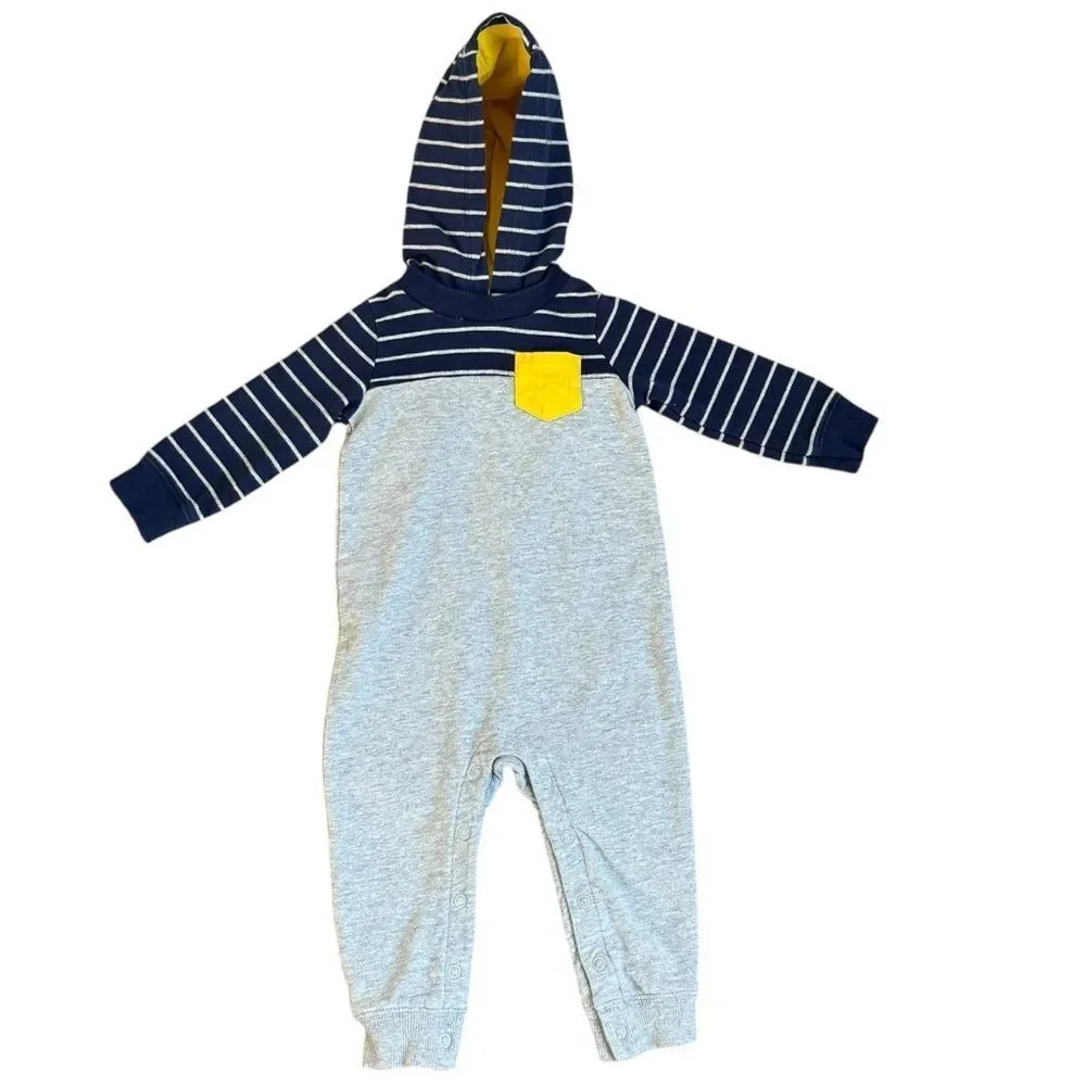 Carter’s Baby Boy Striped Blue Gray Hooded Cotton Coverall One Piece. 12 Months.
